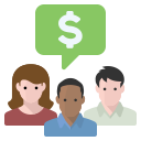 Icon of people discussing with a dollar sign over their heads.