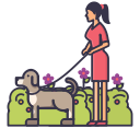 Icon of a lady walking a dog.