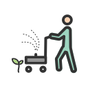 Icon of a person pushing a lawnmower.