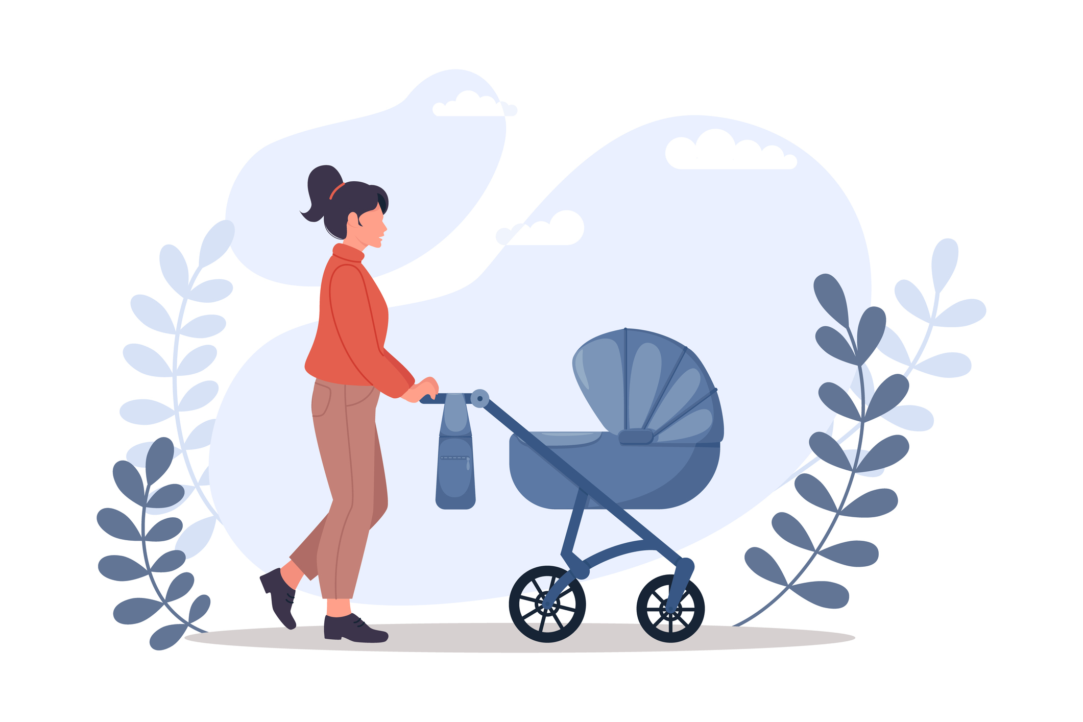 A woman pushing a baby stroller.